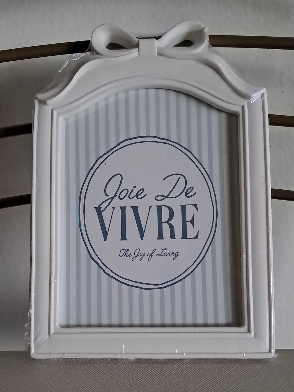 White Decorative Bow Frame with Blue 'Joie De Vivre' Print